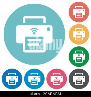 Wireless printer flat white icons on round color backgrounds Stock Vector