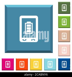 Mobile battery status white icons on edged square buttons in various trendy colors Stock Vector