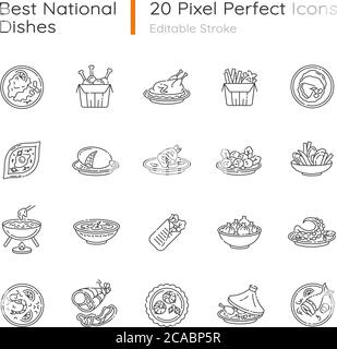 Best national dish pixel perfect linear icons set. Traditional meal for tourist attraction. Lunch recipe. Customizable thin line contour symbols. Isol Stock Vector