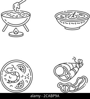 Traditional food pixel perfect linear icons set. Cheese fondu. Ukrainian borscht. Roasted meat. Customizable thin line contour symbols. Isolated vecto Stock Vector