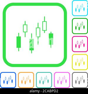 Candlestick chart vivid colored flat icons in curved borders on white background Stock Vector