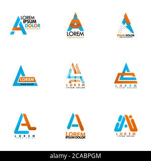 nine 3d logos in pack with the word A with gradations of blue and orange. for industry manufacturing, can be used for beginners or professionals is us Stock Vector