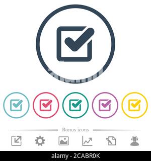 Checkbox flat color icons in round outlines. 6 bonus icons included. Stock Vector