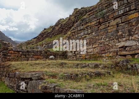 Sunny scenery of Chavin de Huantar archaeological site in Peru Stock Photo