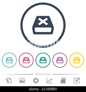 Uninstall flat color icons in round outlines. 6 bonus icons included. Stock Vector