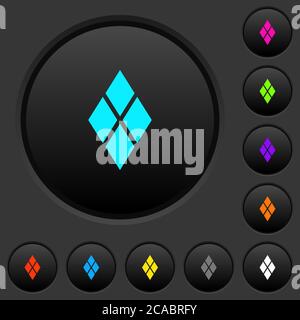 Diamond tile pattern dark push buttons with vivid color icons on dark grey background Stock Vector