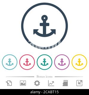 Anchor flat color icons in round outlines. 6 bonus icons included. Stock Vector