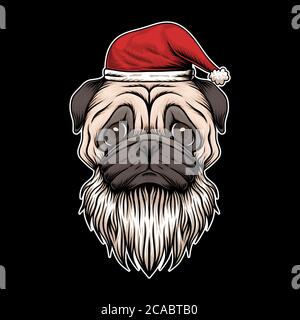 Pug dog hat and beard santa christmas illustration for your company or brand Stock Vector
