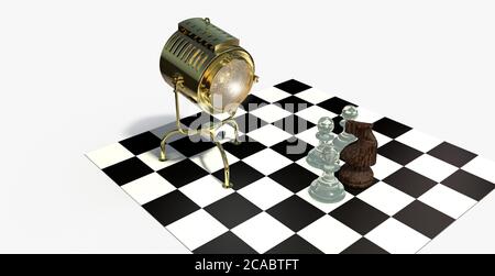 3D rendering of a golden lamp on a chessboard on a white background Stock Photo