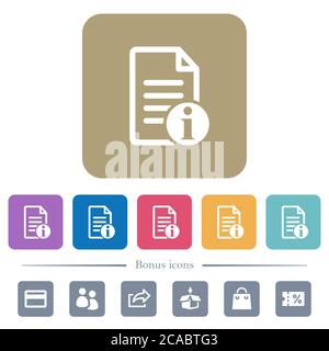 Document info white flat icons on color rounded square backgrounds. 6 bonus icons included Stock Vector