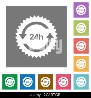 24 hours sticker with arrows flat icons on simple color square backgrounds Stock Vector