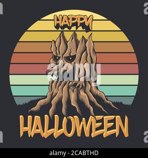 wood tree sunset retro happy halloween vector illustration for your company or brand Stock Vector