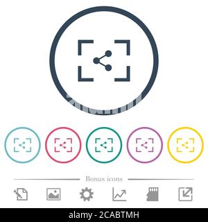 Camera share image flat color icons in round outlines. 6 bonus icons included. Stock Vector