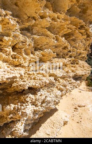 Maltese limestone yellow rock detail close up.Sandstone pattern,geological texture in Malta. Limestone Stock Photo