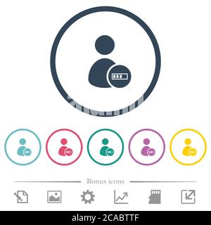 User account processing flat color icons in round outlines. 6 bonus icons included. Stock Vector
