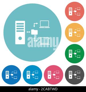 Network file system with server flat white icons on round color backgrounds Stock Vector