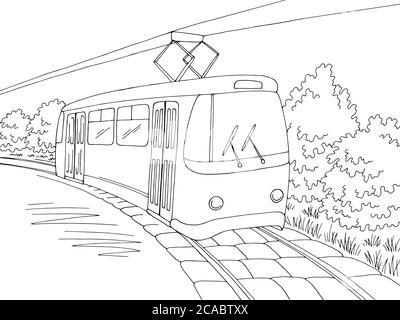 Tram graphic black white exterior sketch illustration vector Stock Vector