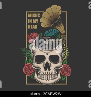 Skull music in Head vector illustration for your company or brand Stock Vector