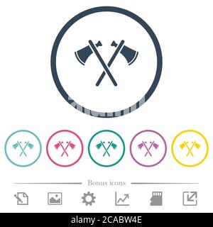 Two tomahawks flat color icons in round outlines. 6 bonus icons included. Stock Vector