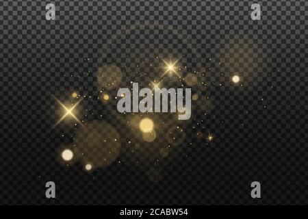 Abstract golden lights bokeh isolated on a dark transparent background. Shining stars and glare. Footage for your design. Realistic brilliant glitter. Stock Vector
