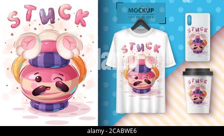 Bear stuck in a jug - poster and merchandising. Stock Vector