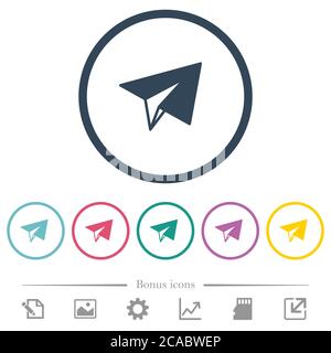 Paper plane flat color icons in round outlines. 6 bonus icons included. Stock Vector