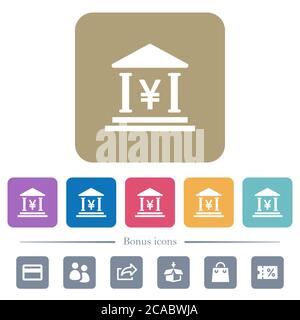 Yen bank office white flat icons on color rounded square backgrounds. 6 bonus icons included Stock Vector