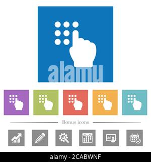 Typing security code flat white icons in square backgrounds. 6 bonus icons included. Stock Vector
