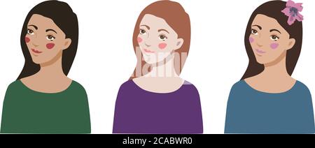 Set of three girl portraits. Vector collection with women of different nationalities and cultures. Stock Vector