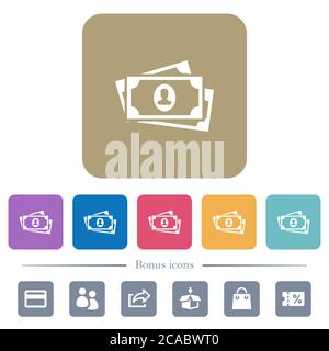More banknotes with portrait white flat icons on color rounded square backgrounds. 6 bonus icons included Stock Vector
