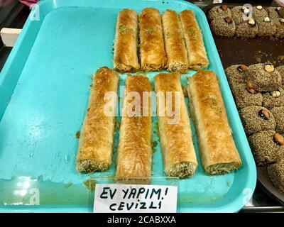 Traditional Turkish-Arabic Dessert for Sale at Local Patisserie Showcase. Ready to Serve and Eat. Stock Photo