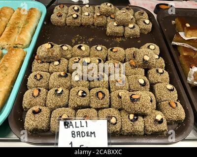 Traditional Turkish-Arabic Dessert for Sale at Local Patisserie Showcase. Ready to Serve and Eat. Stock Photo
