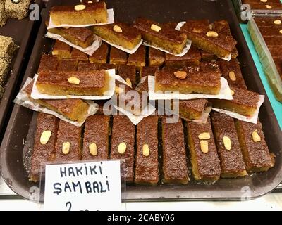 Traditional Turkish-Arabic Dessert for Sale at Local Patisserie Showcase. Ready to Serve and Eat. Stock Photo