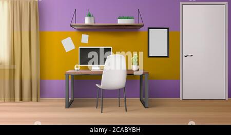 Room interior, workplace with computer on desk, seat and shelves. Empty home or office inner design with white door, curtains on window, picture on wall, potted plants Realistic 3d vector illustration Stock Vector