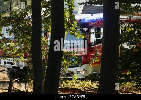 Dormagen, Germany. 06th Aug, 2020. Fire engines with blue lights are parked in front of a forest in the 'Zonser Heide' nature reserve. A large area of forest and meadows was on fire in the morning, nobody was injured according to the police. Credit: David Young/dpa/Alamy Live News Stock Photo