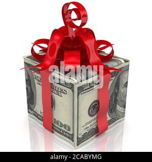 Money as a gift. The box made from hundred dollar bills tied with a red ribbon and bow. 3D illustration Stock Photo