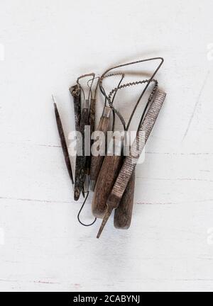Sculpture tools. Art and craft tools on white background. Stock Photo