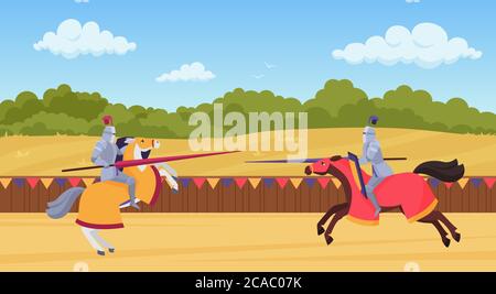 Medieval knights fight vector illustration. Cartoon flat horseman warrior brave characters in body armor and armored horses fighting, heroes jousting on knight tournament, fighter joust art background Stock Vector