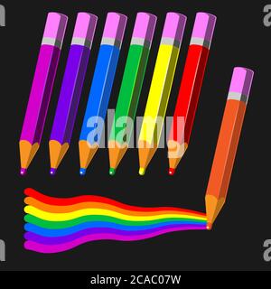 colored pencils rainbow on a black isolated background. Vector image Stock Vector