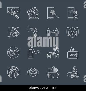 Coronavirus protection related thin line vector icons set. Stock Vector