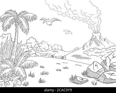 Dinosaur landscape graphic black white sketch illustration vector Stock Vector
