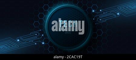 Futuristic hi-tech banner with computer circuit. Modern tech design. Glowing blue neon honeycombs with flying glowing particles. Vector illustration. Stock Vector