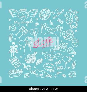 Doodle about love and romantic relationship. Print with hearts and other love symbols. Vector illustration in doodle style Stock Vector