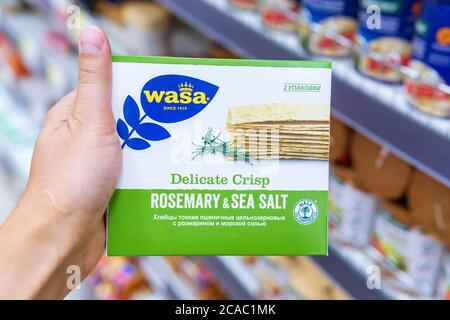 Tyumen, Russia-August 01, 2020: WASA crusty bread Wasa is the world's largest Baker, selling its products in 40 countries, from Scandinavia to America Stock Photo