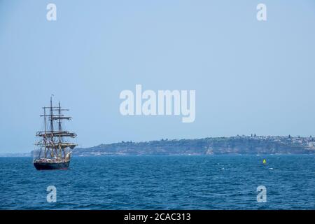 The 1874 square rigger tall ship 'James Craig' outside Sydney Heads waiting for the start of the 2019 Sydney to Hobart Yacht Race, Australia Stock Photo