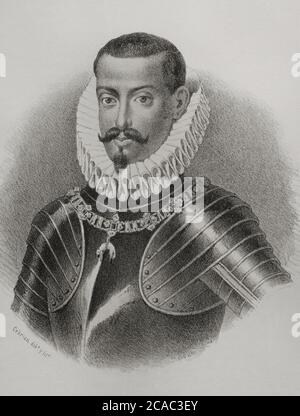 Philip III (1578-1621). King of Spain (1598-1621) and also, as Philip II, King of Portugal, Naples, Sicily and Sardinia. Portrait, 19th century. Illustration by Cebrian. Lithography. Cronica General de España. Historia Ilustrada y Descriptiva de sus Provincias. Valencia, 1867. Stock Photo