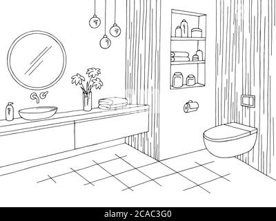 Bathroom graphic home interior black white sketch illustration vector Stock Vector