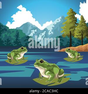 frogs animals in the lake landscape scene vector illustration design Stock Vector