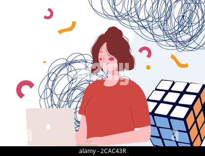 Women on laptop look unhappy background of rubik's doodle confused economic crisis concept with flat cartoon style v Stock Vector