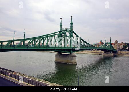 The Liberty Bridge in Budapest is occaisionally closed to all traffice where people can walk and climb on it - sometimes holding impromptu parties Stock Photo